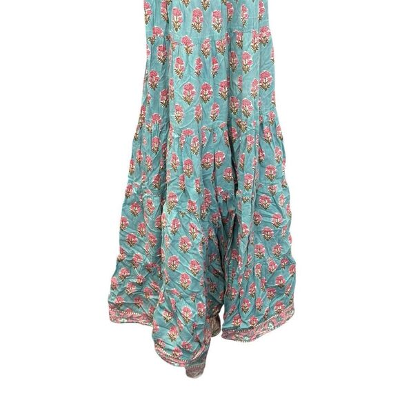 Saylor Annaleise Blue Dahlia Block Print Cotton Midi Dress Size M Boho Tie Back - Picture 10 of 14